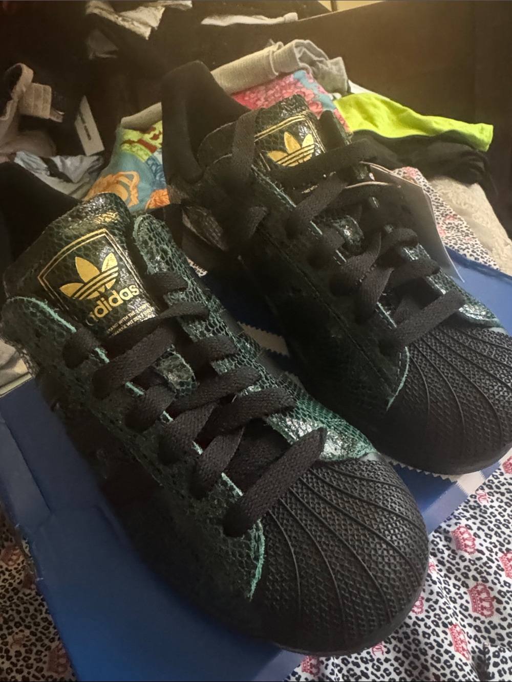 adidas Women's Black and Dark Green Snake-Print Superstar Sneakers